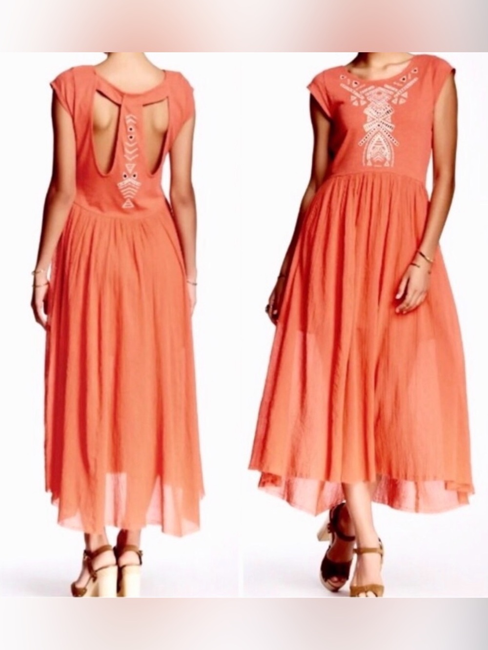 Free People Coral Cactus Flower Embroidered Cut Out Back Midi Boho Dress Size S